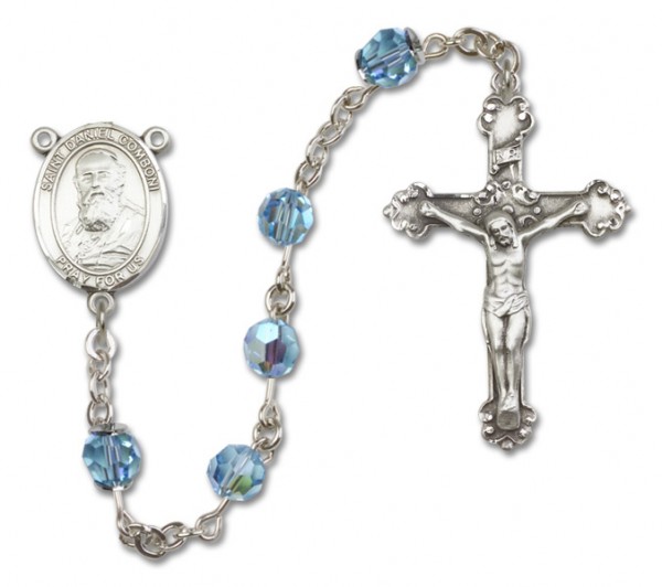 St. Daniel Comboni Sterling Silver Heirloom Rosary Fancy Crucifix - Aqua
