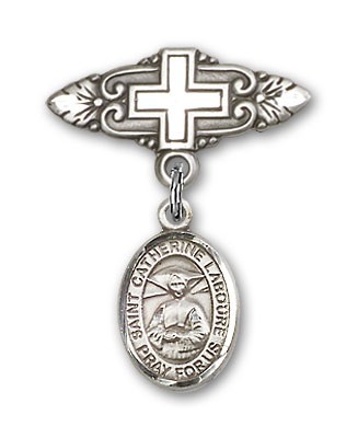 Pin Badge with St. Catherine Laboure Charm and Badge Pin with Cross - Silver tone