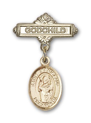 Pin Badge with St. Stanislaus Charm and Godchild Badge Pin - 14K Solid Gold