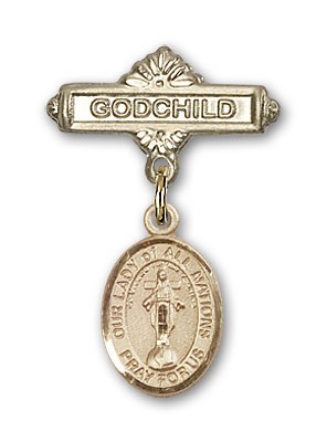 Baby Badge with Our Lady of All Nations Charm and Godchild Badge Pin - 14K Solid Gold