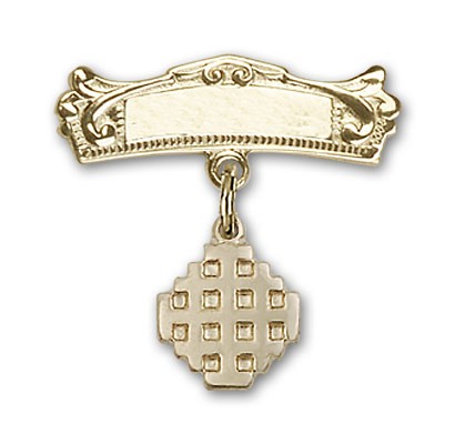 Pin Badge with Jerusalem Cross Charm and Arched Polished Engravable Badge Pin - Gold Tone