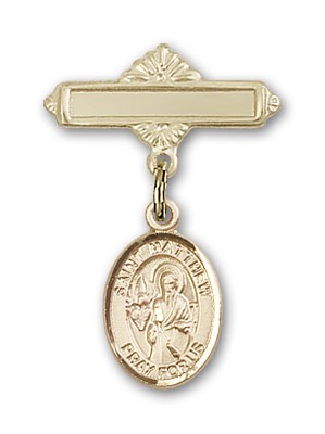 Pin Badge with St. Matthew the Apostle Charm and Polished Engravable Badge Pin - Gold Tone