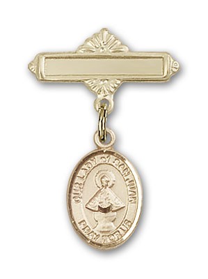 Pin Badge with Our Lady of San Juan Charm and Polished Engravable Badge Pin - Gold Tone