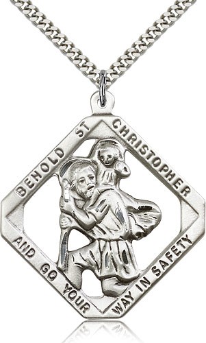Large St. Christopher Necklace Open-Cut Diamond Shape - Sterling Silver