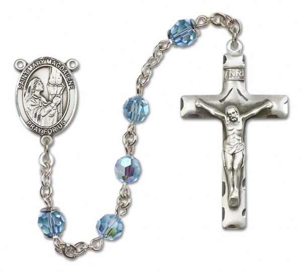 St. Mary Magdalene Sterling Silver Heirloom Rosary Squared Crucifix - Aqua