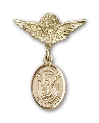 Pin Badge with St. Helen Charm and Angel with Smaller Wings Badge Pin - 14K Solid Gold