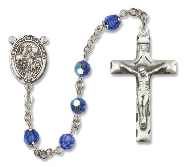 Lord Is My Shepherd Sterling Silver Heirloom Rosary Squared Crucifix - Sapphire