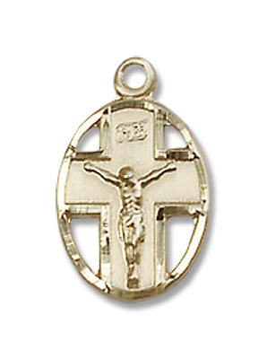 Small Cut-Out Oval Cross and Crucifix Pendant - 14K Solid Gold