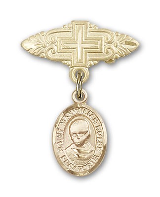 Pin Badge with St. Maximilian Kolbe Charm and Badge Pin with Cross - 14K Solid Gold