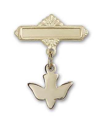 Pin with Holy Spirit Charm and Polished Engravable Badge Pin - 14K Solid Gold