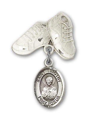 Pin Badge with St. Timothy Charm and Baby Boots Pin - Silver tone