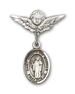 Pin Badge with St. Joseph the Worker Charm and Angel with Smaller Wings Badge Pin - Silver tone