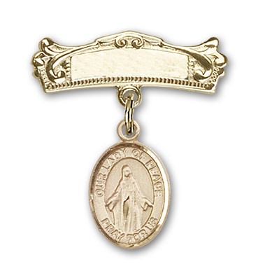 Pin Badge with Our Lady of Peace Charm and Arched Polished Engravable Badge Pin - 14K Solid Gold