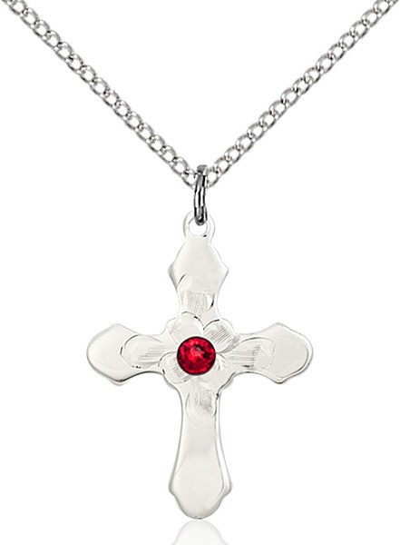 Floral Center Youth Cross Pendant with Birthstone Options - Ruby Red
