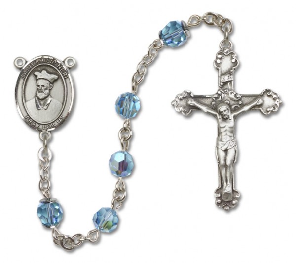 St. Philip Neri Sterling Silver Heirloom Rosary Fancy Crucifix - Aqua