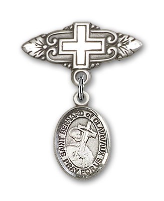 Pin Badge with St. Bernard of Clairvaux Charm and Badge Pin with Cross - Silver tone