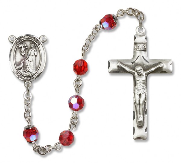 St. Rocco Sterling Silver Heirloom Rosary Squared Crucifix - Ruby Red