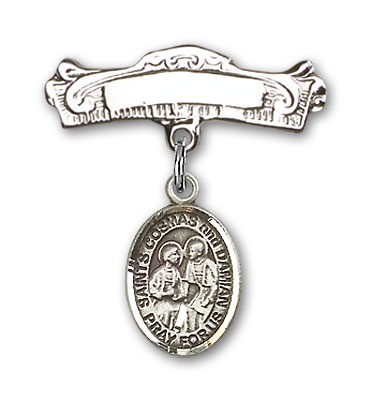 Pin Badge with Sts. Cosmas &amp; Damian Charm and Arched Polished Engravable Badge Pin - Silver tone
