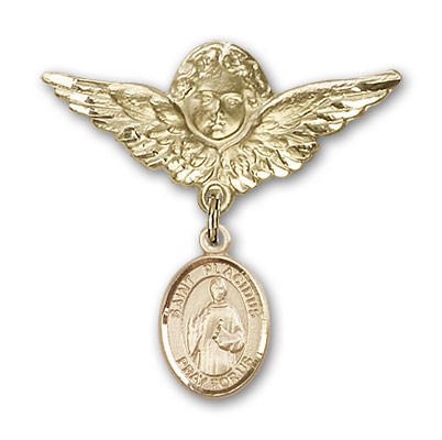 Pin Badge with St. Placidus Charm and Angel with Larger Wings Badge Pin - Gold Tone