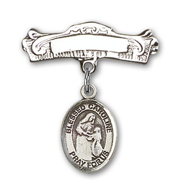 Pin Badge with Blessed Caroline Gerhardinger Charm and Arched Polished Engravable Badge Pin - Silver tone