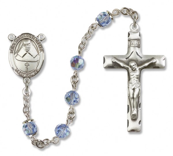 St. Katharine Drexel Sterling Silver Heirloom Rosary Squared Crucifix - Light Sapphire