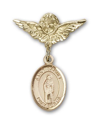 Pin Badge with St. Samuel Charm and Angel with Smaller Wings Badge Pin - Gold Tone
