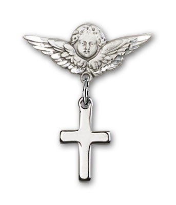 Baby Pin with Cross Charm and Angel with Smaller Wings Badge Pin - Silver tone