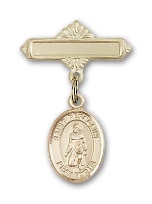 Pin Badge with St. Peregrine Laziosi Charm and Polished Engravable Badge Pin - Gold Tone