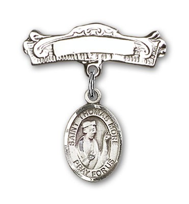 Pin Badge with St. Thomas More Charm and Arched Polished Engravable Badge Pin - Silver tone