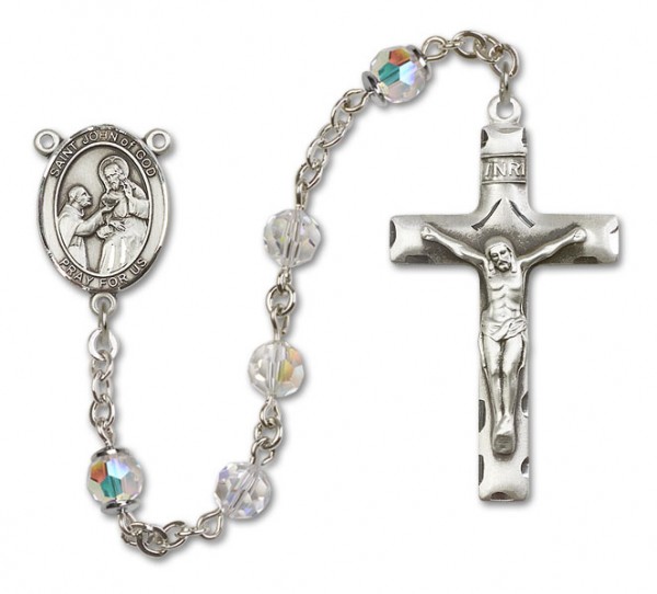 St. John of God Sterling Silver Heirloom Rosary Squared Crucifix - Crystal
