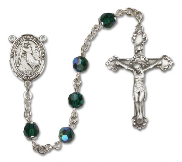St. Joseph of Cupertino Sterling Silver Heirloom Rosary Fancy Crucifix - Emerald Green