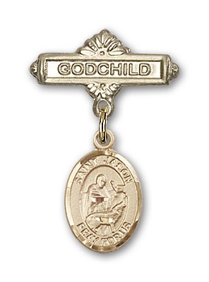 Pin Badge with St. Jason Charm and Godchild Badge Pin - Gold Tone