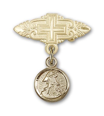 Baby Pin with Guardian Angel Charm and Badge Pin with Cross - 14K Solid Gold