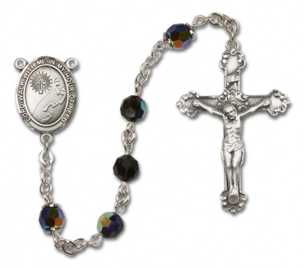 Footprints Cross Sterling Silver Heirloom Rosary Fancy Crucifix - Black