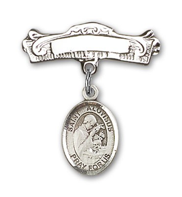 Pin Badge with St. Aloysius Gonzaga Charm and Arched Polished Engravable Badge Pin - Silver tone