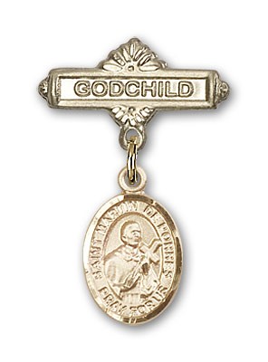 Pin Badge with St. Martin de Porres Charm and Godchild Badge Pin - 14K Solid Gold