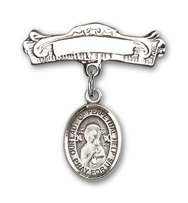 Pin Badge with Our Lady of Perpetual Help Charm and Arched Polished Engravable Badge Pin - Silver tone