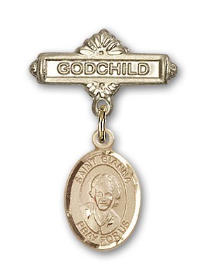 Pin Badge with St. Gianna Beretta Molla Charm and Godchild Badge Pin - 14K Solid Gold