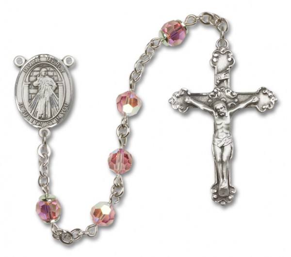 Divine Mercy Sterling Silver Heirloom Rosary Fancy Crucifix - Light Rose