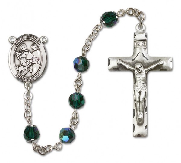 St. Cecilia with Marching Band Sterling Silver Heirloom Rosary Squared Crucifix - Emerald Green