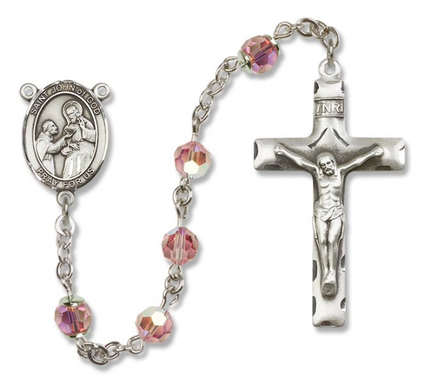 St. John of God Sterling Silver Heirloom Rosary Squared Crucifix - Light Rose