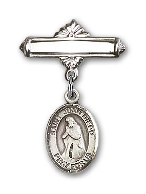Pin Badge with St. Juan Diego Charm and Polished Engravable Badge Pin - Silver tone
