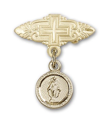 Baby Pin with Miraculous Charm and Badge Pin with Cross - Gold Tone