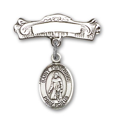 Pin Badge with St. Peregrine Laziosi Charm and Arched Polished Engravable Badge Pin - Silver tone