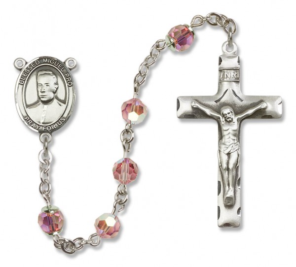 Blessed Miguel Pro Sterling Silver Heirloom Rosary Squared Crucifix - Light Rose