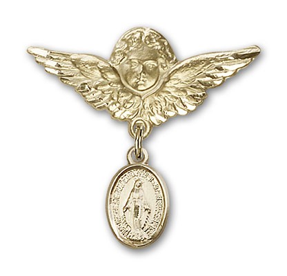 Baby Pin with Miraculous Charm and Angel with Larger Wings Badge Pin - 14K Solid Gold