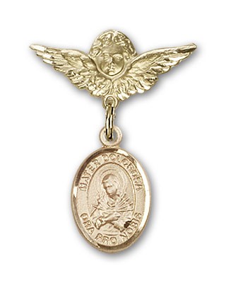 Pin Badge with Mater Dolorosa Charm and Angel with Smaller Wings Badge Pin - 14K Solid Gold
