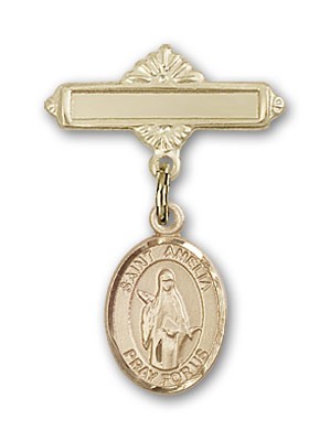 Pin Badge with St. Amelia Charm and Polished Engravable Badge Pin - Gold Tone