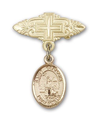 Pin Badge with St. Germaine Cousin Charm and Badge Pin with Cross - 14K Solid Gold