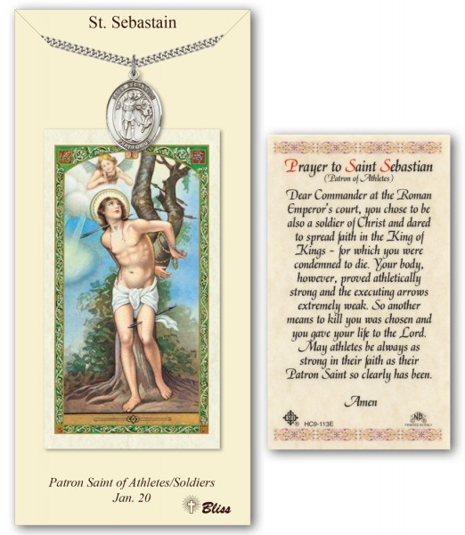 St. Sebastian Medal in Pewter with Prayer Card - Silver tone